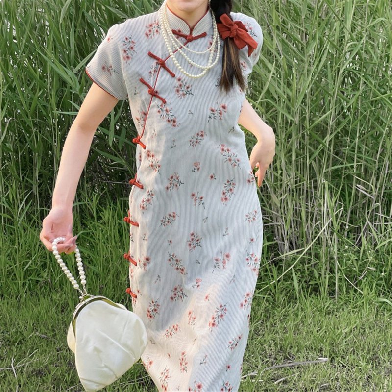 灰色條紋碎花 古法盤扣斜襟長款旗袍 中式中秋春節改良連身裙洋裝 - 旗袍 - 其他人造纤维 灰色