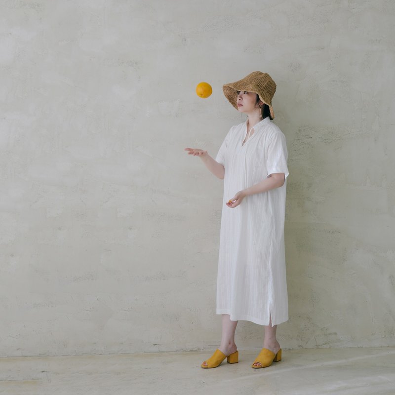 白色诗歌微透细条纹长洋装 - 洋装/连衣裙 - 棉．麻 白色