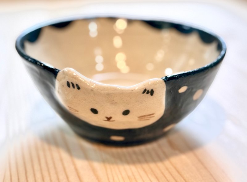 可爱圆点猫咪头 浅碗 餐碗 - 碗 - 陶 绿色