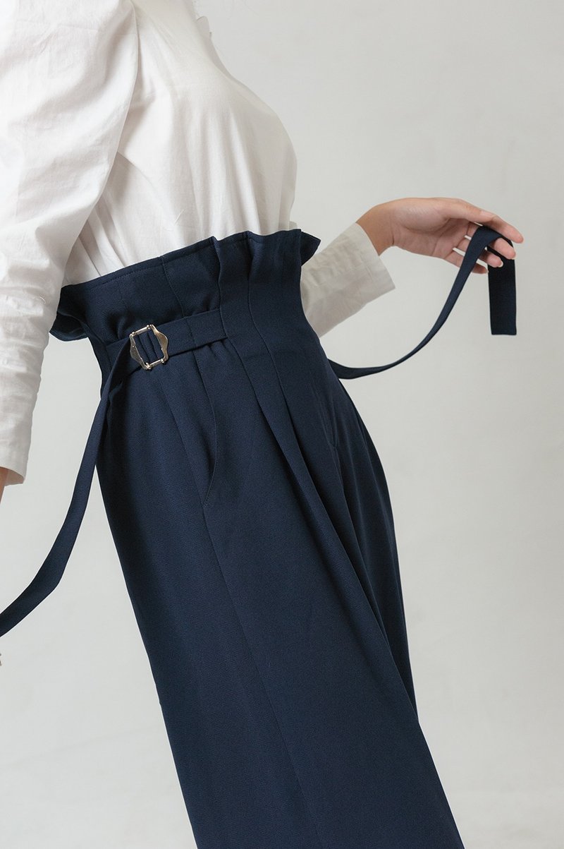 LANZONA 臻致复古高腰飘带裤 - 1A23 - 女装长裤 - 聚酯纤维 蓝色