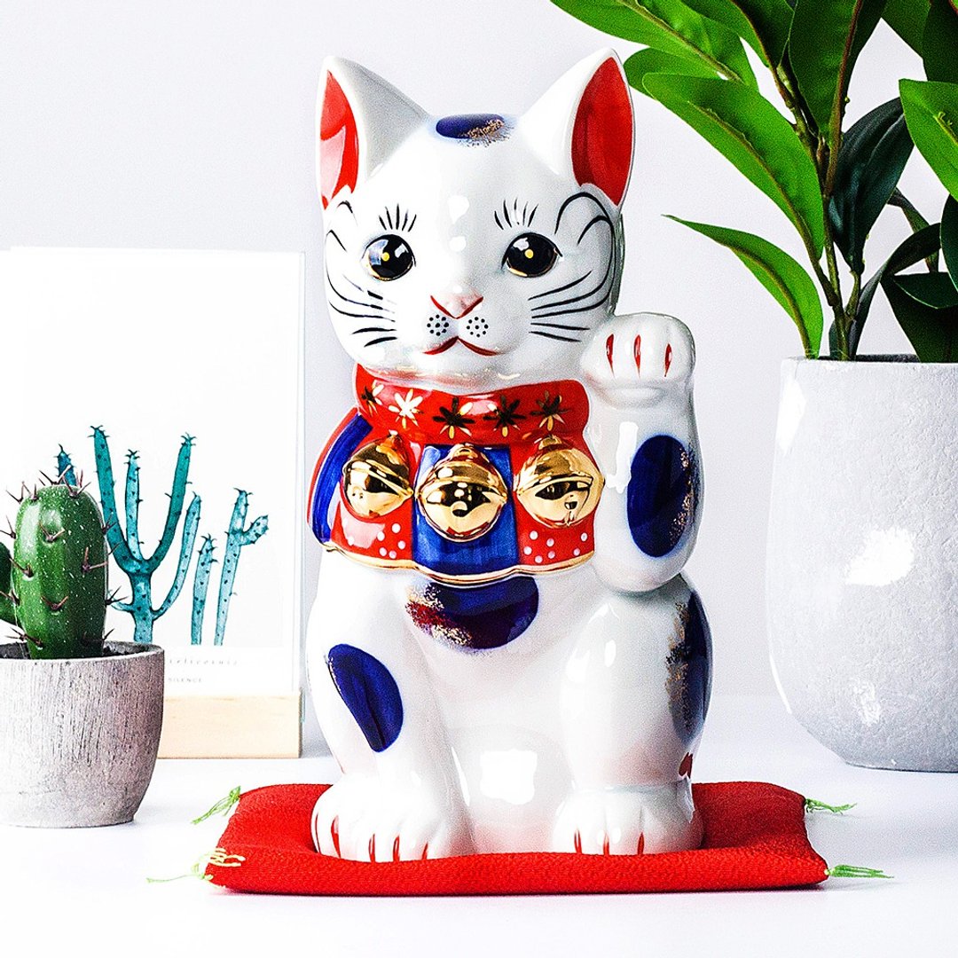 药师窑招财猫 日本进口常滑染锦招福大号摆件 开业乔迁送礼物 - 摆饰 - 陶 
