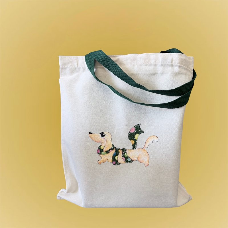 手感。慢起 - 手绘帆布袋 绿围巾腊肠 文青帆布袋 加厚 环保袋手提 - 手提包/手提袋 - 其他材质 白色