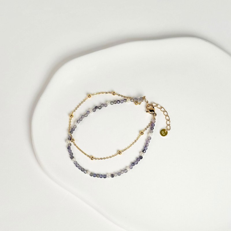 堇青石316医疗钢手链/14K金色手链 可碰水 天然石 抗敏钢 双链 - 手链/手环 - 半宝石 多色