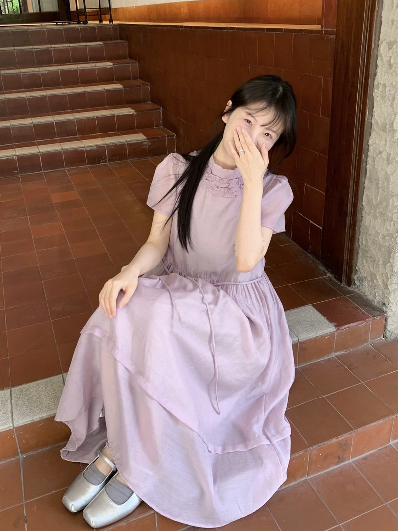 vintage古着原创设计洋服连衣裙 木耳边中领泡泡袖 紫色长裙复古 - 洋装/连衣裙 - 其他材质 紫色