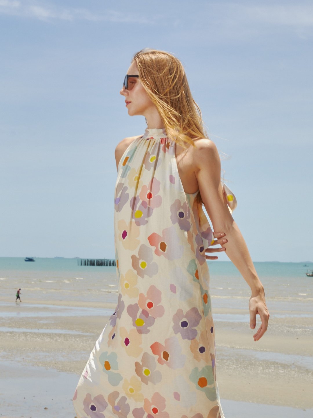 BIRUCHU CRUISE HALTER DRESS : 水彩花卉 领巾式长洋装 - 洋装/连衣裙 - 其他材质 黄色