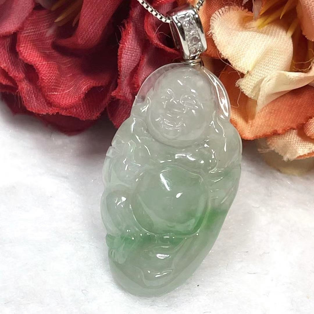 多宝晶石/天然翡翠A货/冰种翡翠吊坠/弥勒佛/阳绿佛公/飘花佛公 - 项链 - 玉石 绿色