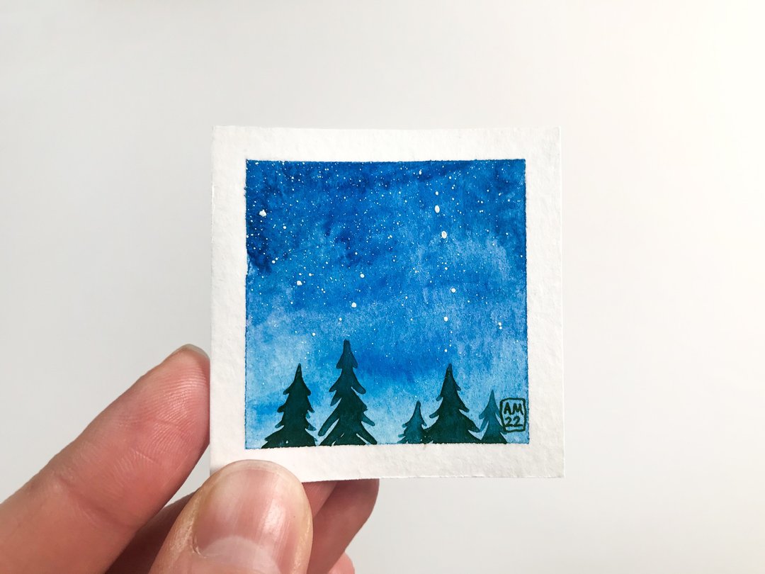 原创水彩艺术天空迷你纸上绘画小墙艺术 2 x 2 英寸 - 墙贴/壁贴 - 纸 绿色