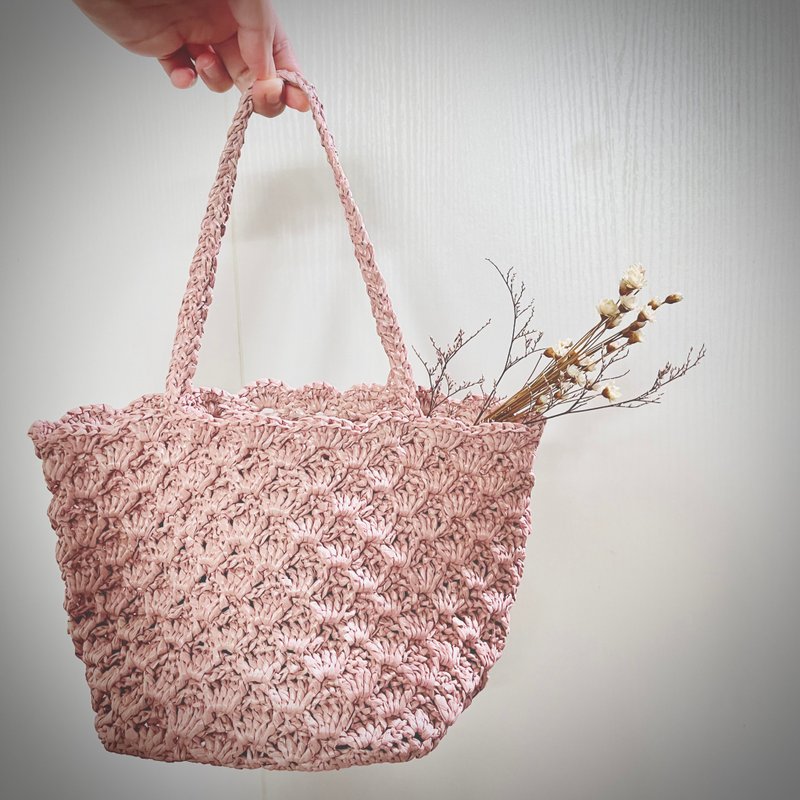 日系拉菲草编织包 钩织 手挽袋 totebag tote 小手袋 午餐袋 - 手提包/手提袋 - 其他人造纤维 粉红色