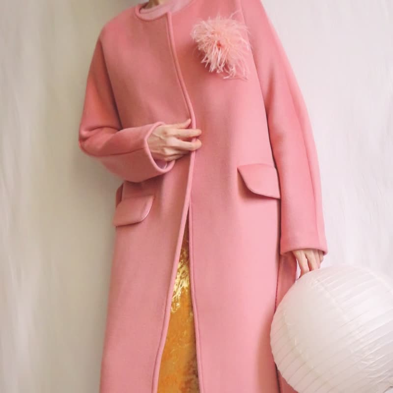 玫瑰茶粉无领极简复古双面喀什米尔羊毛绒及膝大衣 - 女装休闲/机能外套 - 羊毛 粉红色