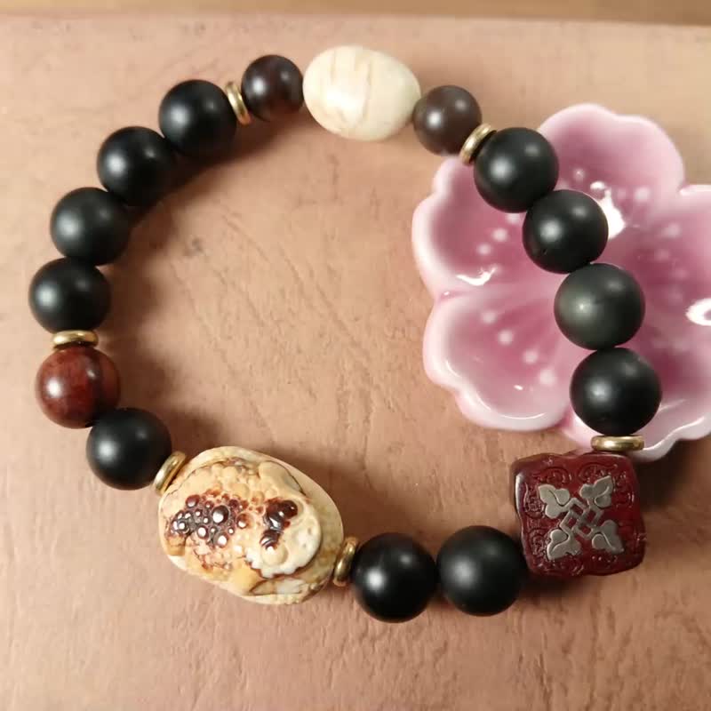 珠串雕刻手链 - 蟾蜍招财 台湾雪花玉+黑曜石+紫檀/雾面 - 手链/手环 - 玉石 卡其色