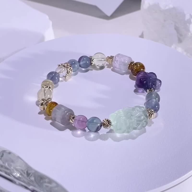 小狐仙遇见小桃花 萤石彩萤石 | 琥珀 | 白水晶 | 水晶手链 A11-1 - 手链/手环 - 水晶 多色