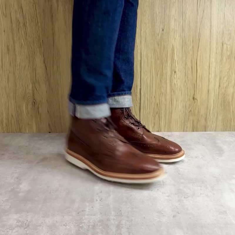 固特异手工真皮雕花EVA大底德比靴 Wingtip Derby Boots 可定制 - 男款靴子 - 真皮 咖啡色