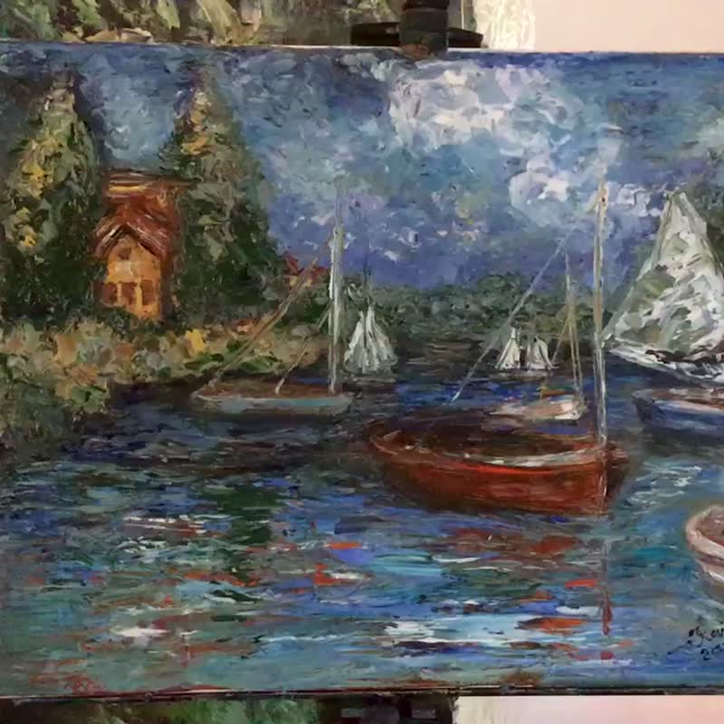 Boats on the lake,original oil painting on canvas - 墙贴/壁贴 - 其他材质 蓝色