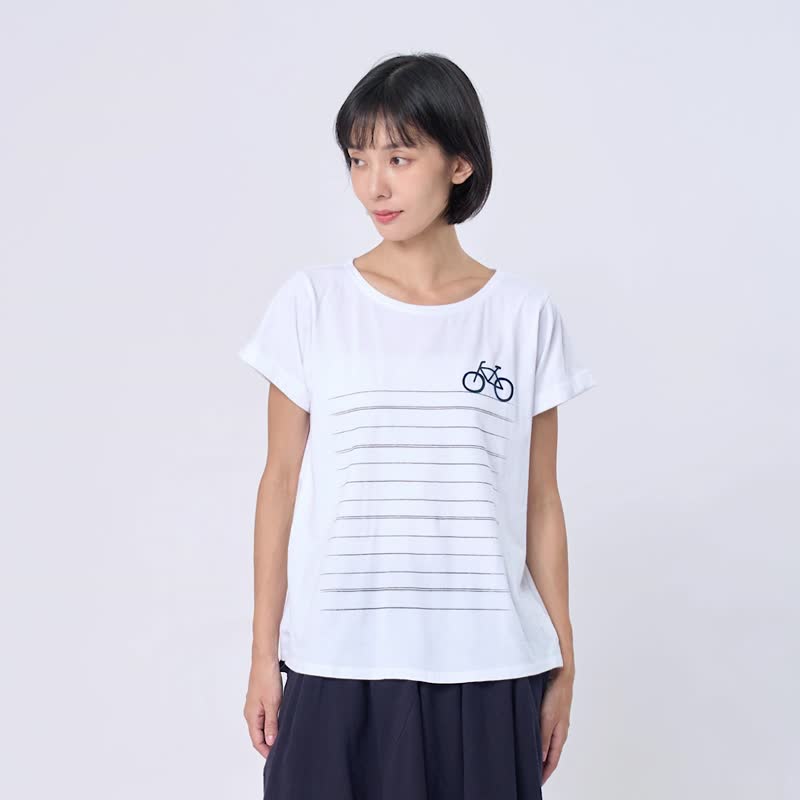 腳踏車寬版反褶方袖女T/白 - 女装 T 恤 - 棉 白色