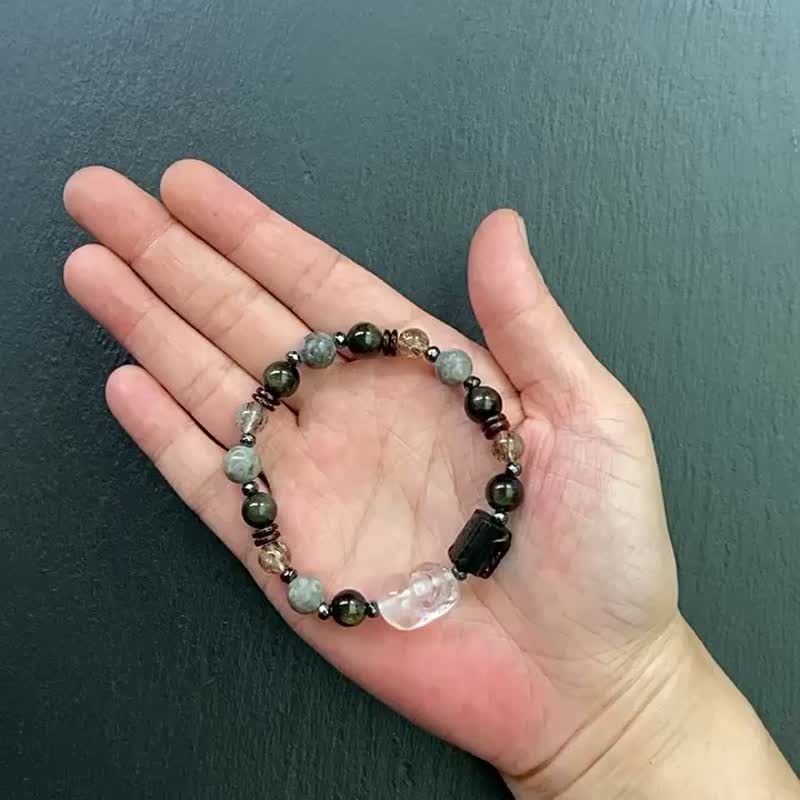 招财改运金曜石x黑金超七x黑胆石x麦饭石x黑碧玺x椰壳x白水晶貔貅 - 手链/手环 - 水晶 多色