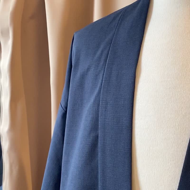 独家设计 神奈川冲浪里 灰蓝款 手工和式外套 / 短袖款 - 男装外套 - 棉．麻 蓝色