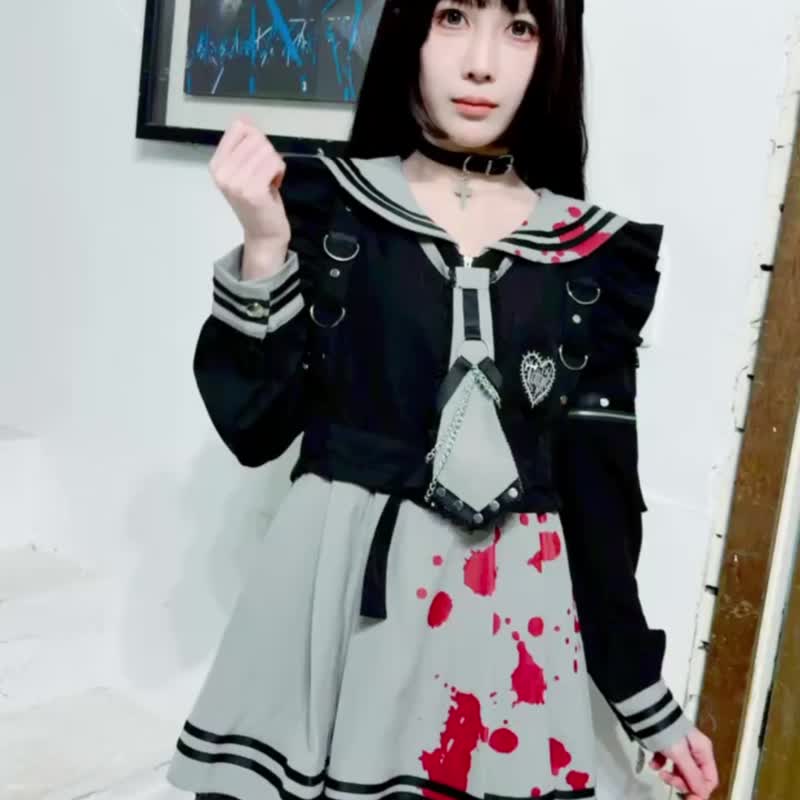 原创伊藤润二 狂热联名富江血喷墨假两件可拆袖领带水手服 JJIT14 - 洋装/连衣裙 - 聚酯纤维 