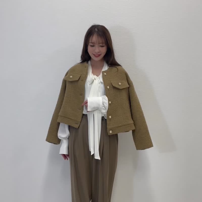 Wool Bouclé Collarless Cropped Teddy Jacket CH_hdmn Pour Les Femmes - 女装休闲/机能外套 - 羊毛 咖啡色