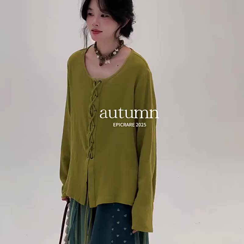 鹹菜綠/咖啡色 棉紗復古系帶長袖上衣 飄逸文藝寬鬆棉質上衣 - 女装上衣 - 真皮 绿色