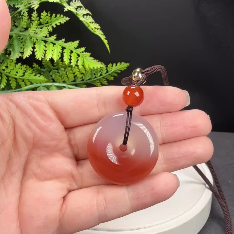 烟紫浅橘玛瑙吊坠项链 冰润起光手工雕刻平安扣 和谐安宁招财进宝 - 项链 - 半宝石 