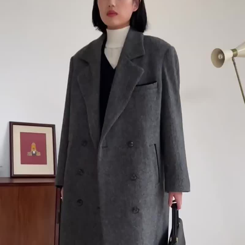 黑灰色人字纹 和Ta一起穿 复古全羊毛情侣中性西装大衣 长款外套 - 女装休闲/机能外套 - 羊毛 灰色