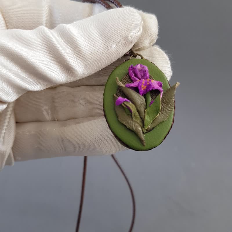 女士皮革套装首饰鸢尾花，皮革耳环和吊坠 - 项链 - 真皮 紫色