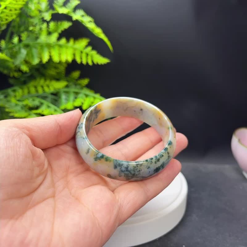 爆晶水草玛瑙手镯 54MM 绿色飘花苔藓玉髓手环 纹理多变 充满灵气 - 手链/手环 - 半宝石 