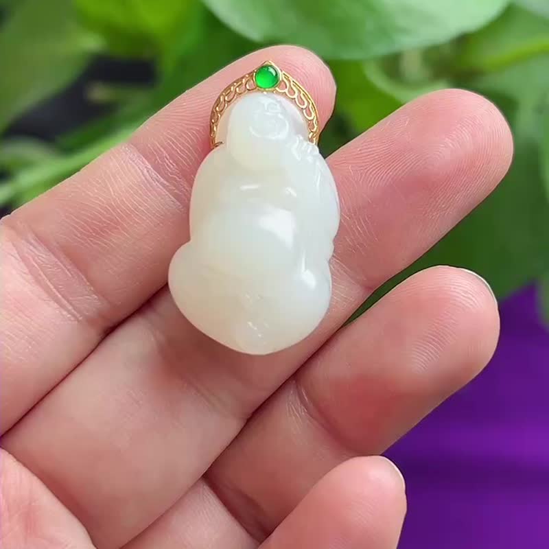 天然和田玉羊脂白玉18K金镶嵌弥勒佛 尺寸34×18×12MM 重9.4克 - 项链 - 水晶 
