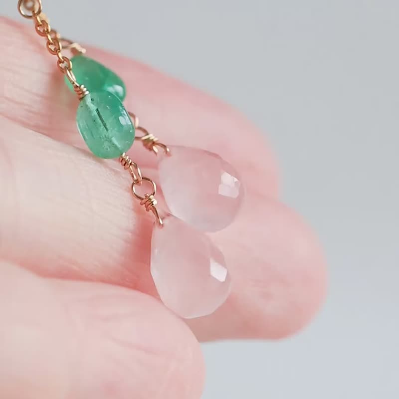 海蓝宝石 祖母绿 摩根石耳环 — 绿柱石编织，温柔的色彩渐层 — - 耳环/耳夹 - 石头 粉红色