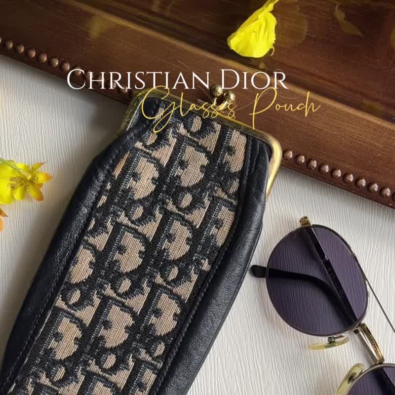 中古正品 Christian Dior 迪奥 Oblique 老花收纳包 眼镜包墨镜 - 束口袋双肩包 - 真皮 蓝色