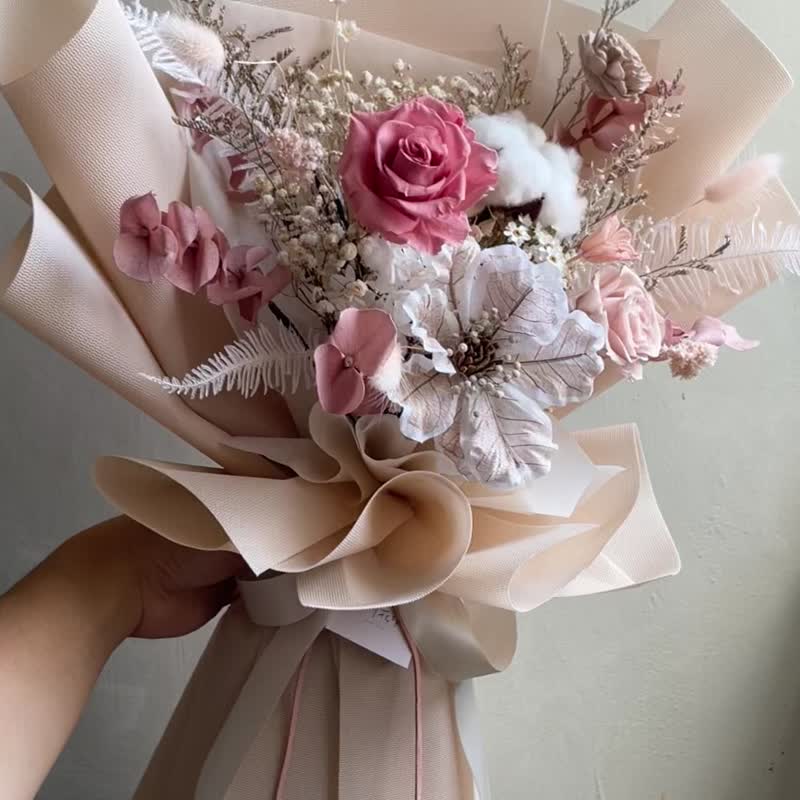 【大型花束】温柔奶茶玫瑰米兰花束 求婚花束 生日花束 - 干燥花/捧花 - 植物．花 
