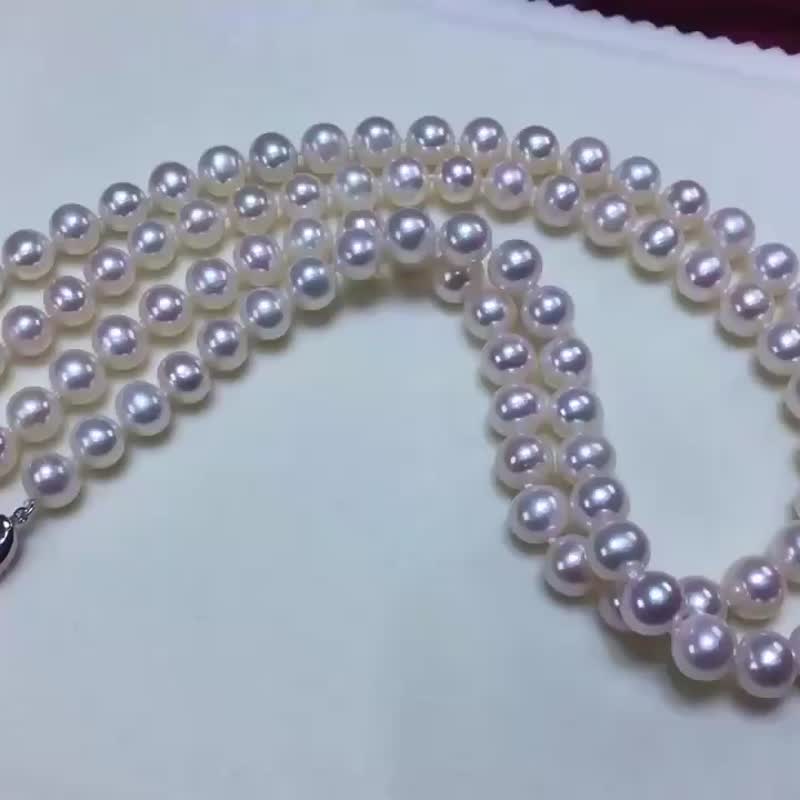 素 天然淡水珍珠 串链 银元宝扣 - 项链 - 珍珠 白色