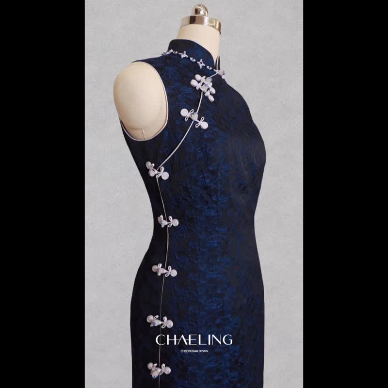 CHAELING 高级定制 黑蓝混纺提花中式古典旗袍长裙 - 旗袍 - 其他材质 橘色