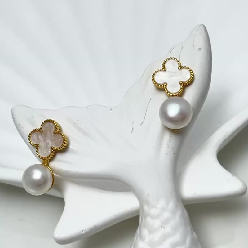 四叶草 天然淡水珍珠 贝母 纯银 耳环 - 耳环/耳夹 - 珍珠 白色