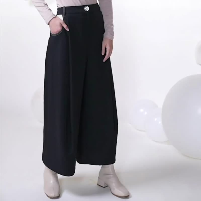 四季款  立体弧线造型宽裤－抗皱烫银黑 - 女装长裤 - 聚酯纤维 黑色