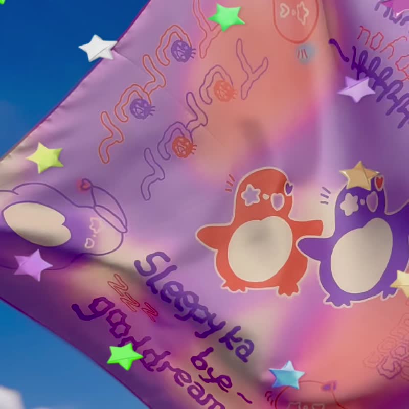 原创插画可爱企鹅印花光泽感丝巾头巾 - 丝巾 - 其他材质 紫色