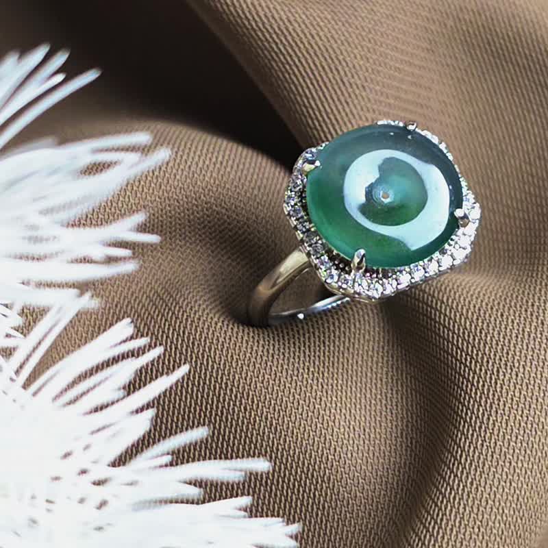 招财•顺心•圆满•平安|天然A货翡翠冰玻蓝飘花平安扣纯银戒指 - 戒指 - 玉石 