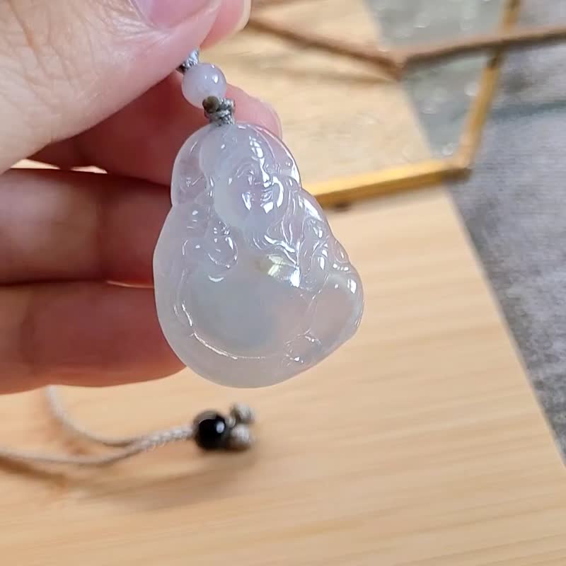 【纯翠】天然翡翠 高冰玻种水美财神调整式绳链 附台湾证书 - 项链 - 玉石 白色