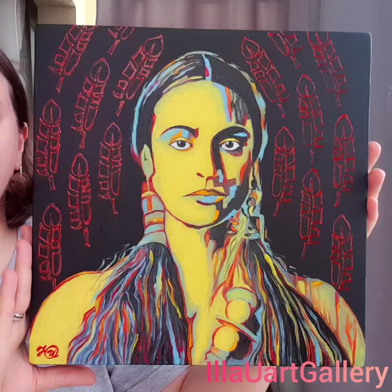 Native American Painting Woman Original Art Pocahontas Wall Art Portrait Artwork - 海报/装饰画/版画 - 棉 多色