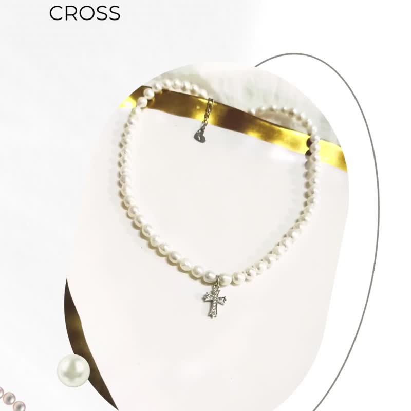 天然淡水珍珠十字架锁骨项链 - 项链 - 珍珠 