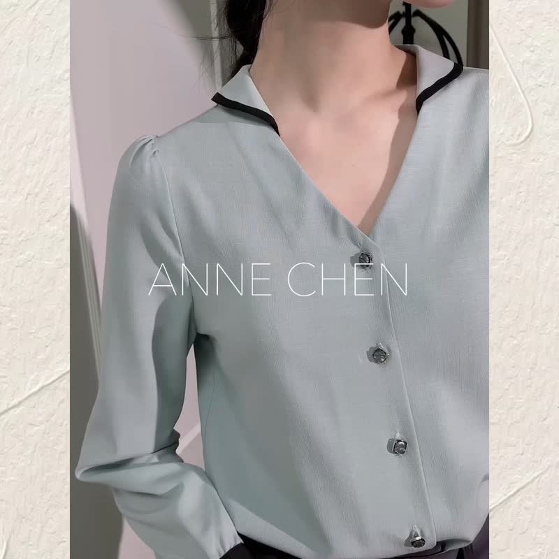 限量贩售 文艺简约  蓝色撞色V领翻领薄款衬衣 - 女装衬衫 - 聚酯纤维 蓝色