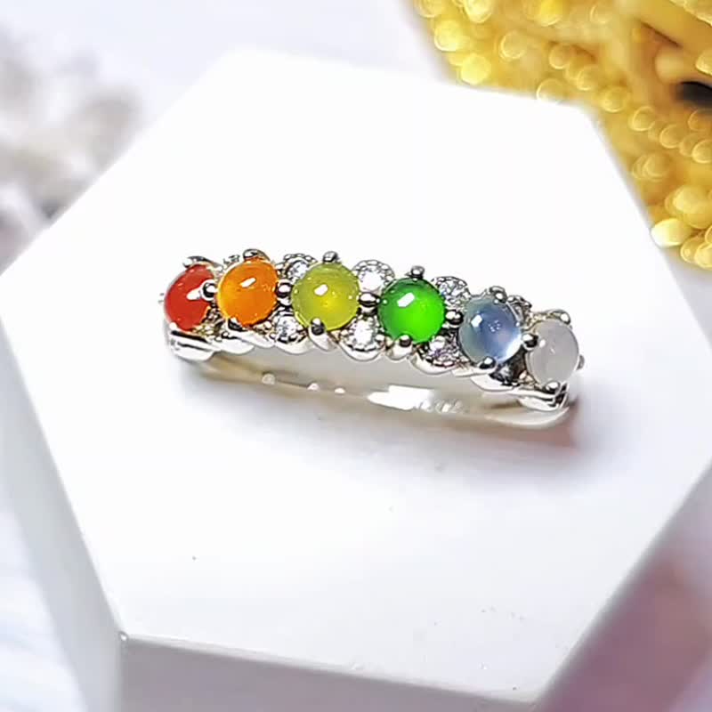 |转运彩虹|A货翡翠冰玻多宝彩虹蛋面3mm纯银镀18k精致款戒指 - 戒指 - 玉石 