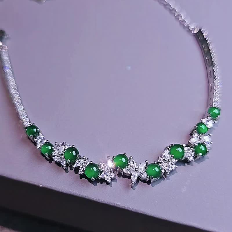 财富•健康•高贵|高冰深艳绿|A货翡翠纯银豪镶多颗花藤款手链 - 手链/手环 - 玉石 