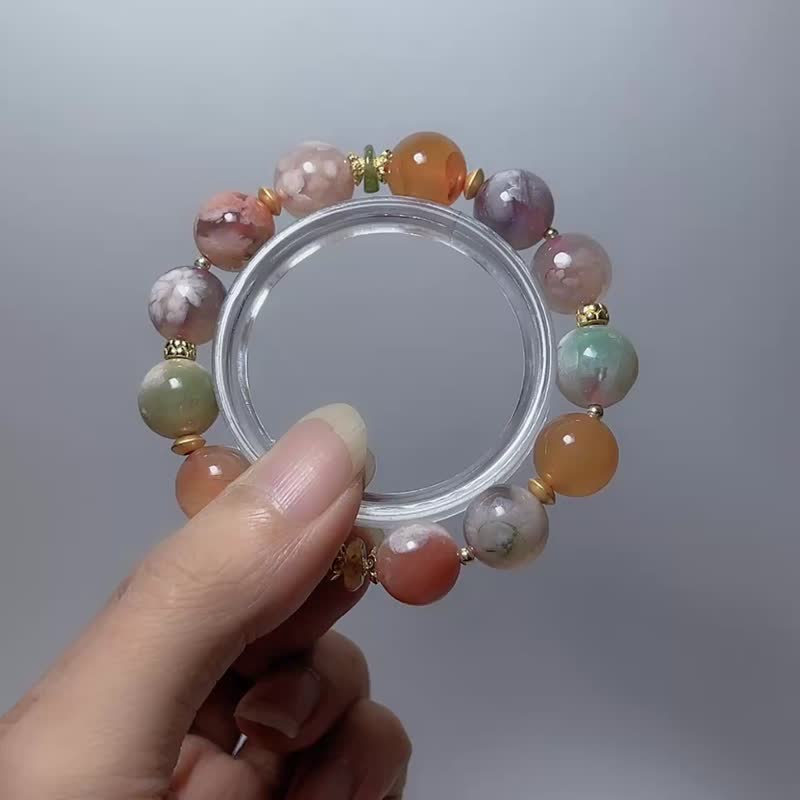 天然矿石 糖果樱花玛瑙12.5 mm 碧玺 925纯银 手链 - 手链/手环 - 宝石 多色