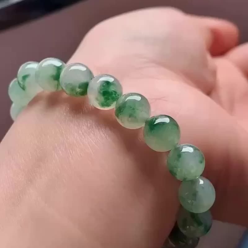 冰种翡翠天然翡翠 A玉 玉珠 玉链手链 • 冰种飘花翡翠手串 - 手链/手环 - 玉石 绿色