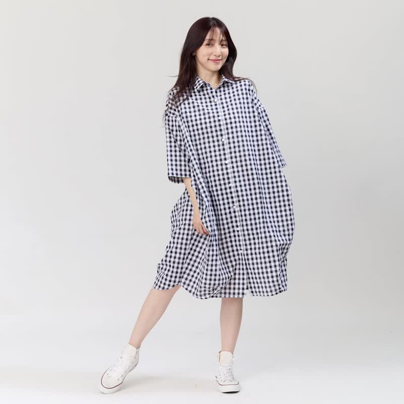 Nancy喃嘻開襟口袋洋裝 - 洋装/连衣裙 - 棉．麻 蓝色