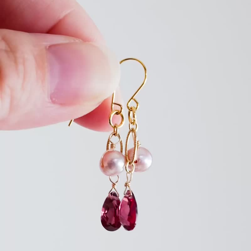 红榴石与淡水珍珠垂坠耳环 守护宝石 - 耳环/耳夹 - 石头 紫色