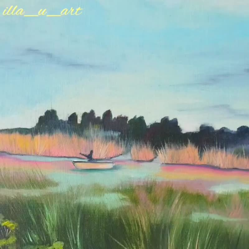 Marsh Painting Row Boat Original Art Low Country Wall Art Seascape Oil Painting - 海报/装饰画/版画 - 其他材质 多色