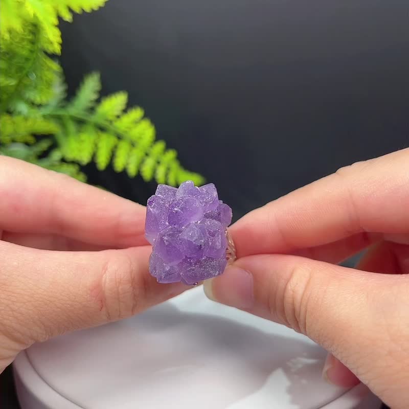 紫水晶活口戒指 星光晶簇标本紫色水晶手工指环 S925银 原石观赏 - 戒指 - 水晶 紫色