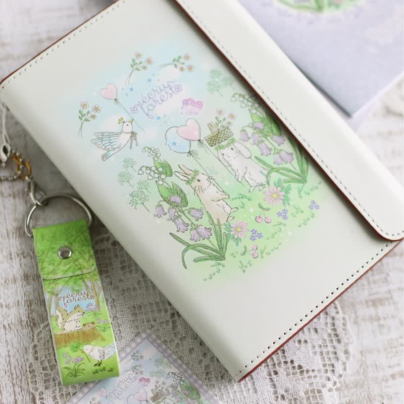 现货不多【迷你六孔 系统手帐】 气球兔子图案 附迷你方格笔记本 行程手帐与补充内页 兔子・小鸟・松鼠・刺猬 儿童 补习 学习 考试 - 笔记本/手帐 - 人造皮革 白色